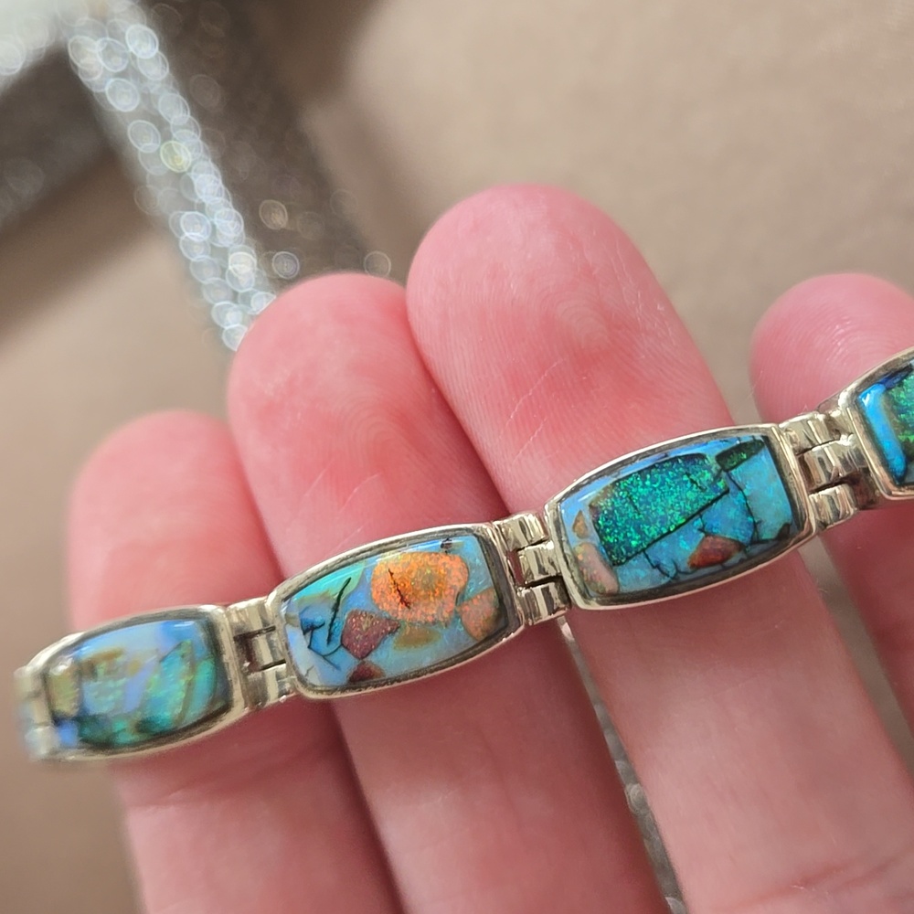 Vintage Navajo Calvin Begay Sterling Opal Bracelet - Picture 8 of 12